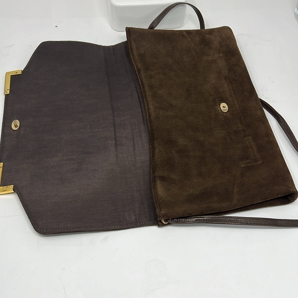 Block Brown Suede Envelope Snap Closure Shoulder Clutch Bag - Picture 12 of 12